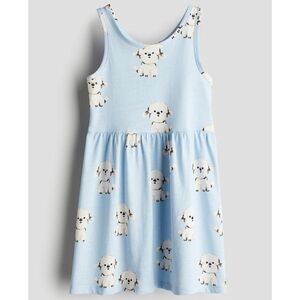 H&M Girls Light Blue Cute Poodle Dog Printed Cotton Tank Top Dress Size 8-10